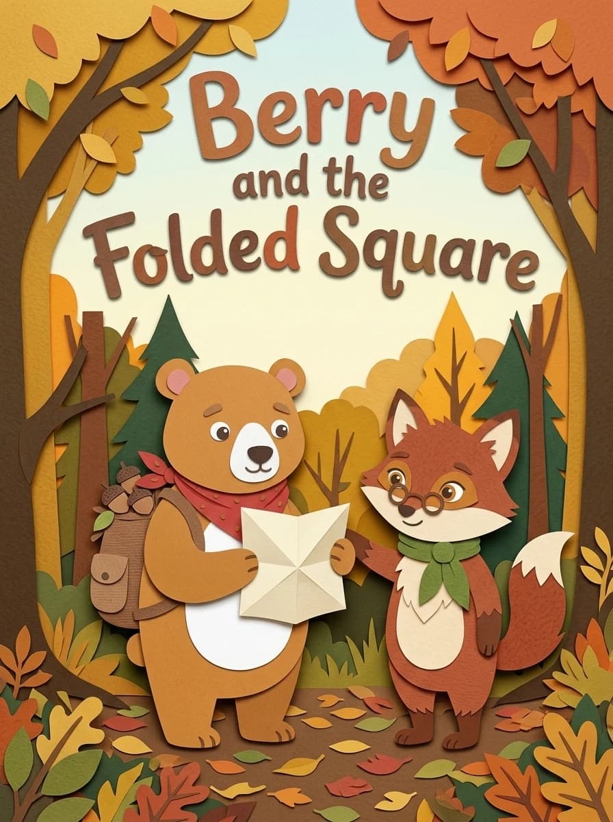 Cover of "Berry and the Folded Square" — papercraft art of a bear cub with a folded paper map