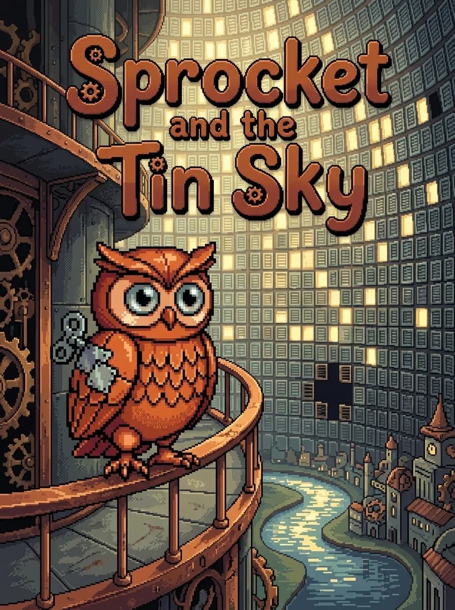 Cover of "Sprocket and the Tin Sky" — pixel art of a tin owl in a blocky sky