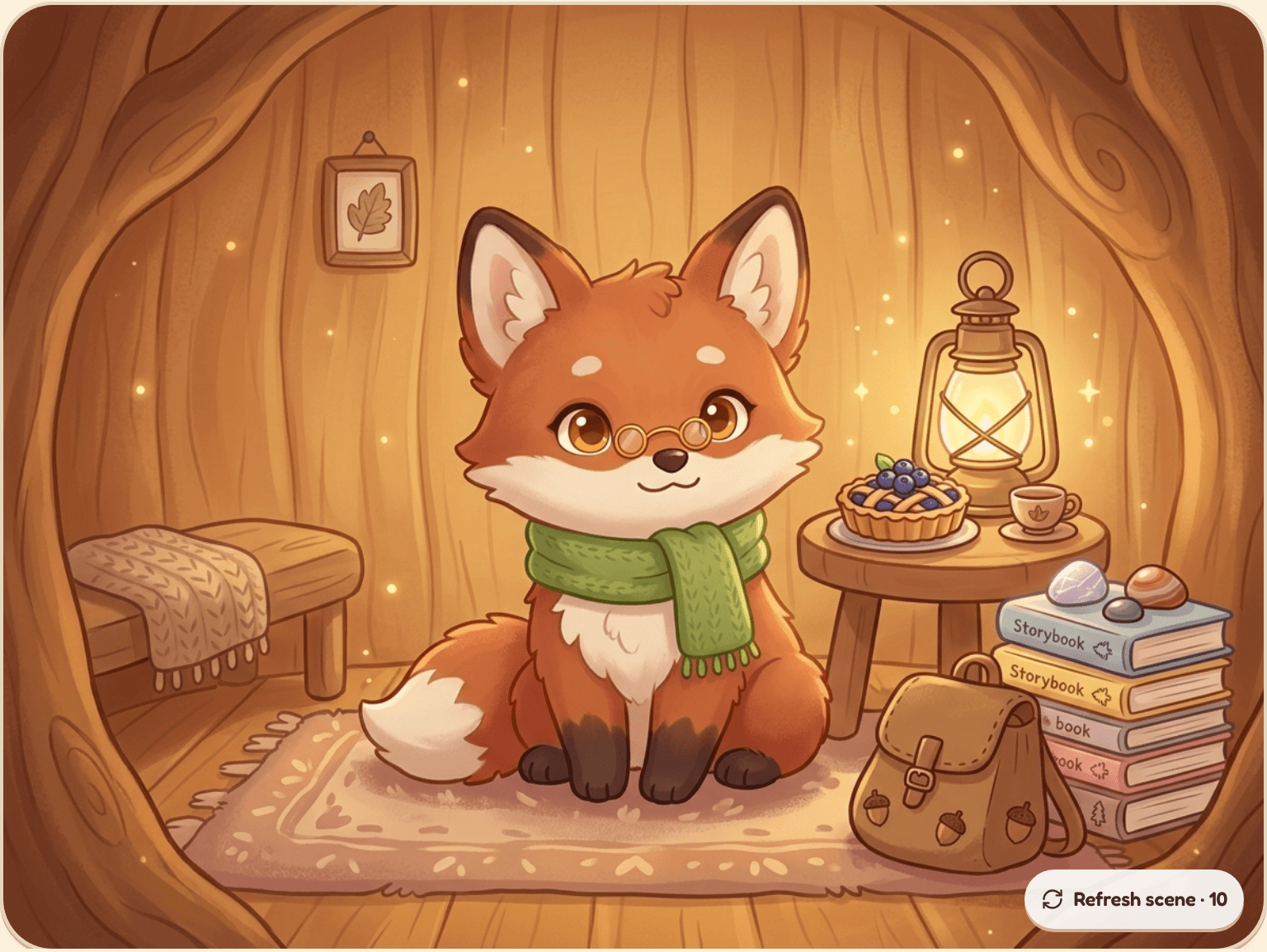 A character's home scene — Pip the Fox in her hollow-tree home, surrounded by her belongings