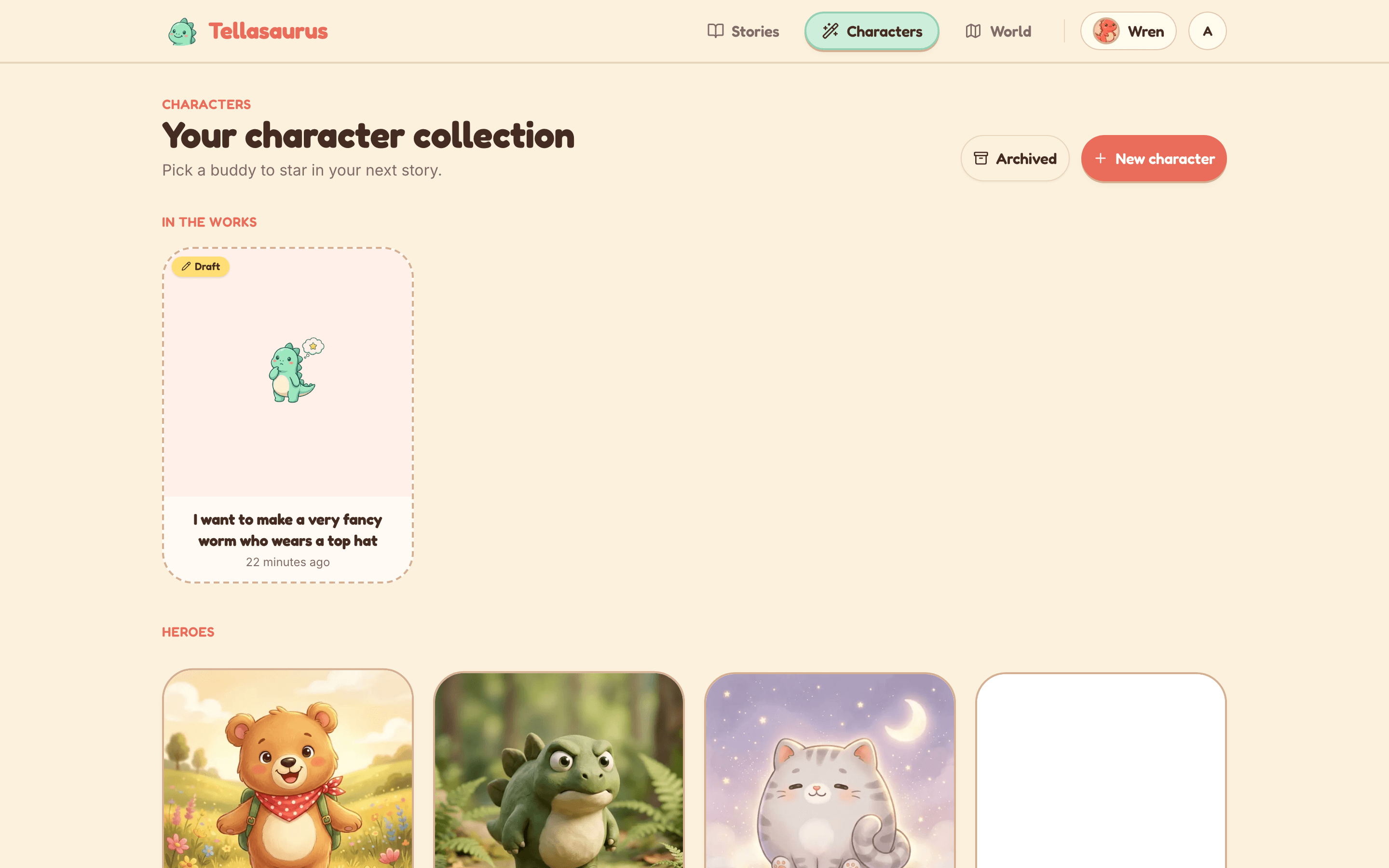 A kid's character collection grouped into heroes, sidekicks, and villains