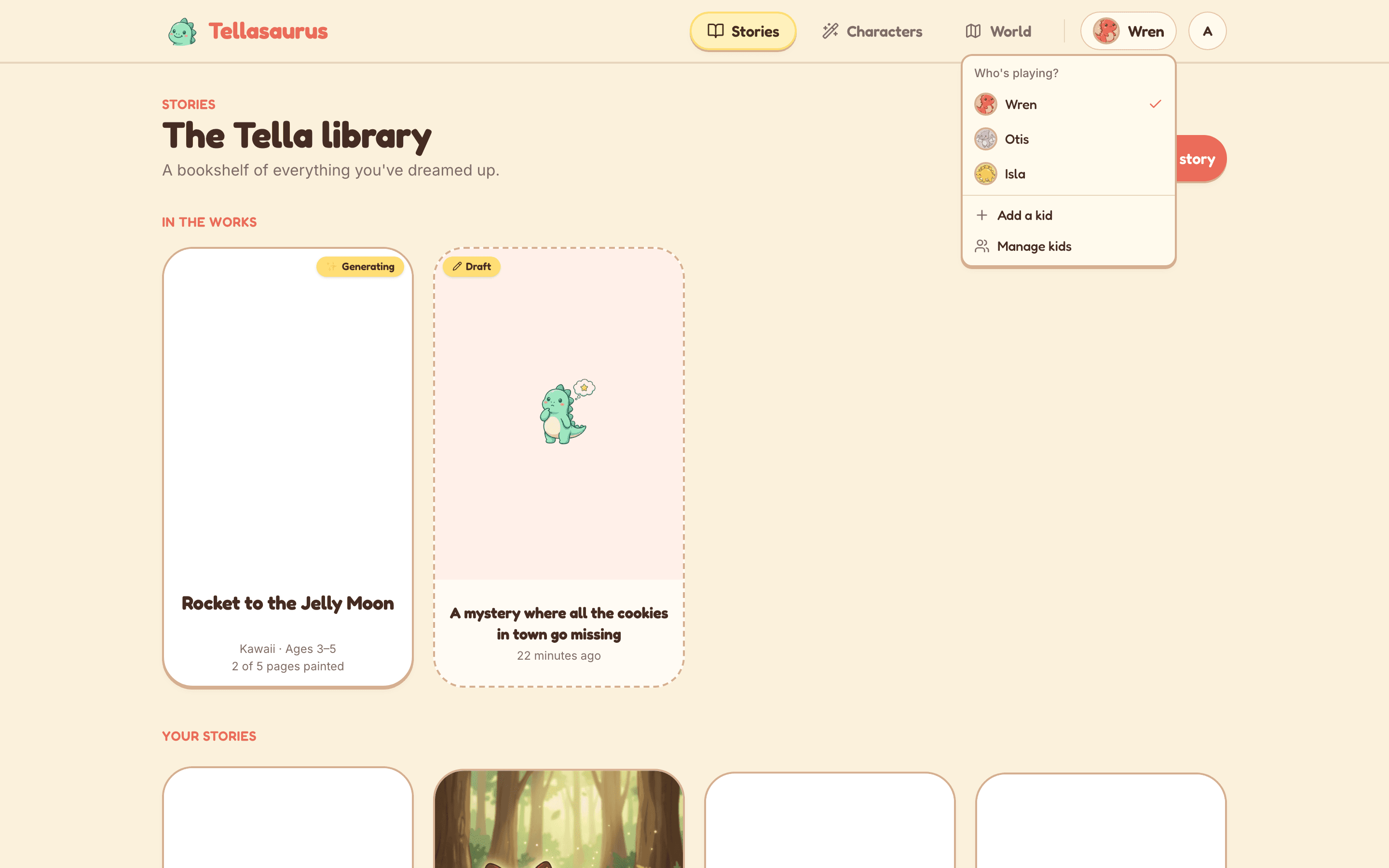 Switching between kid profiles from the top navigation