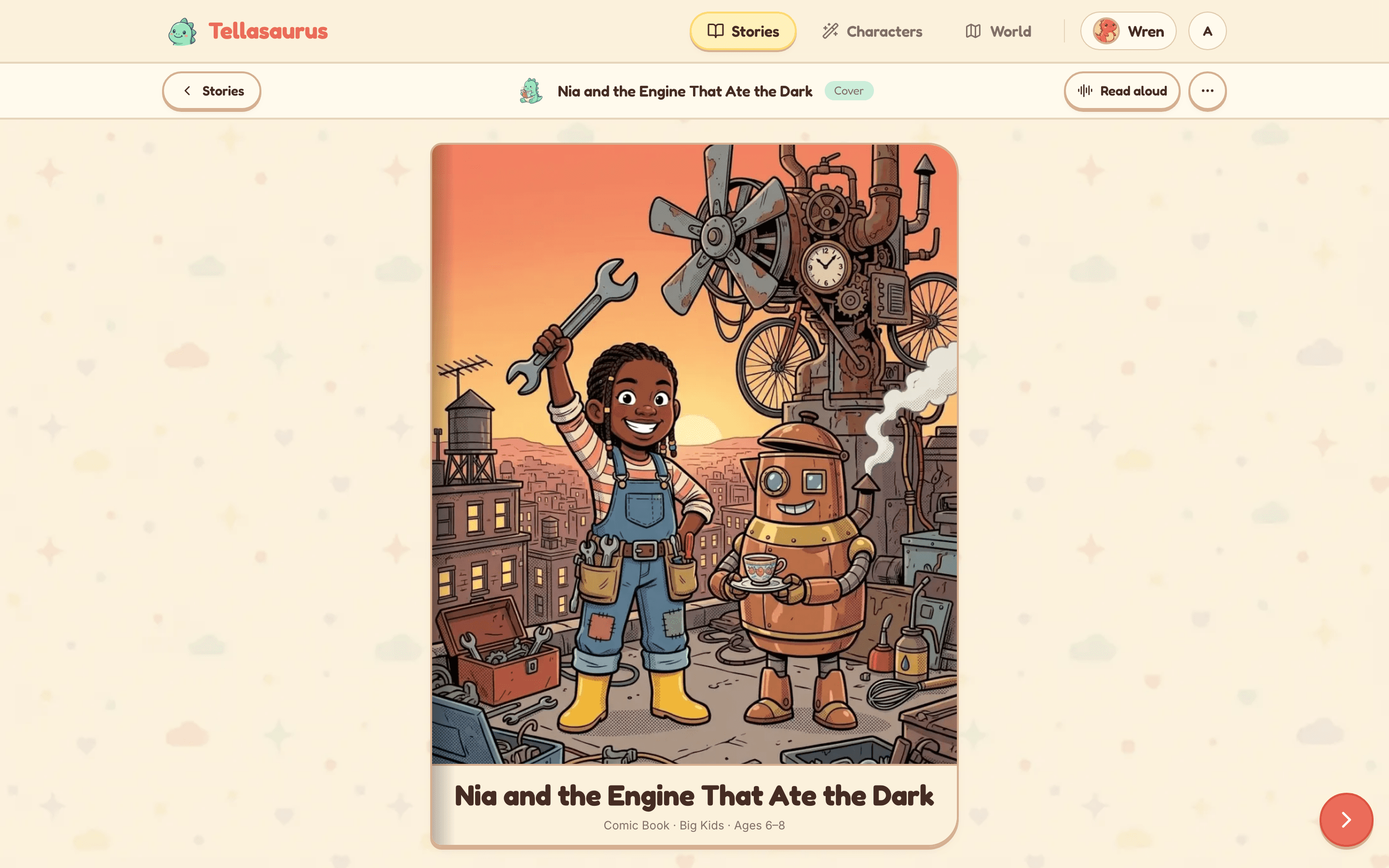 A storybook cover open in the Tellasaurus reader