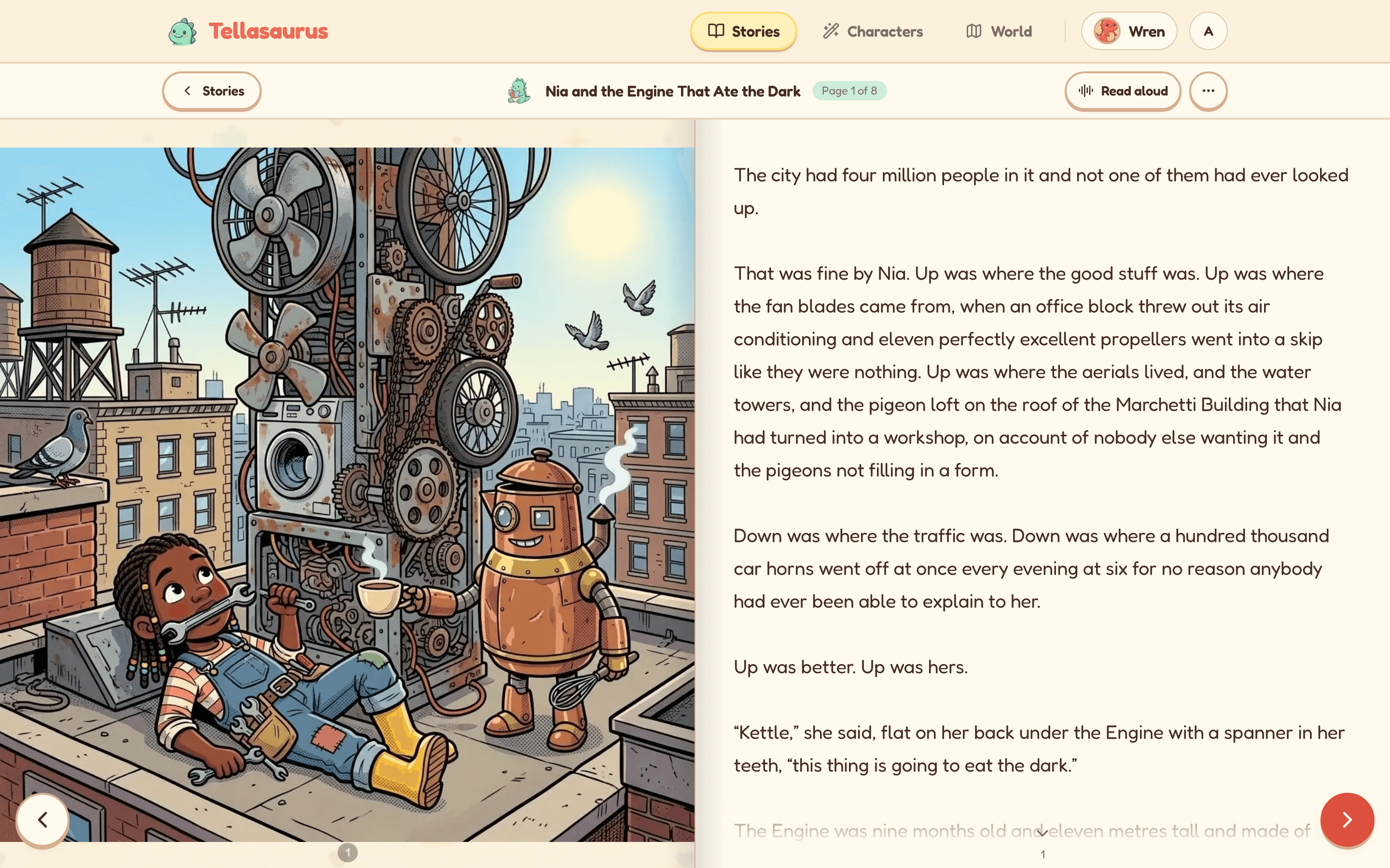An illustrated storybook page open in the reader with read-aloud controls
