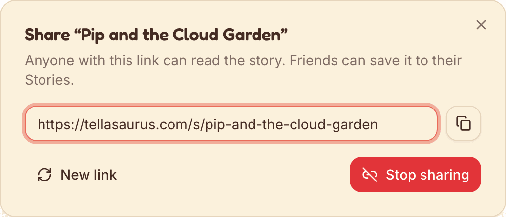 The share dialog for a story, with a private link ready to copy