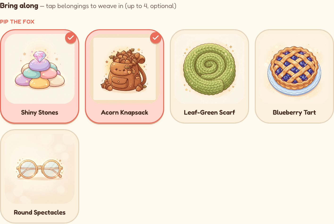 Picking a character's belongings to bring along into a new story