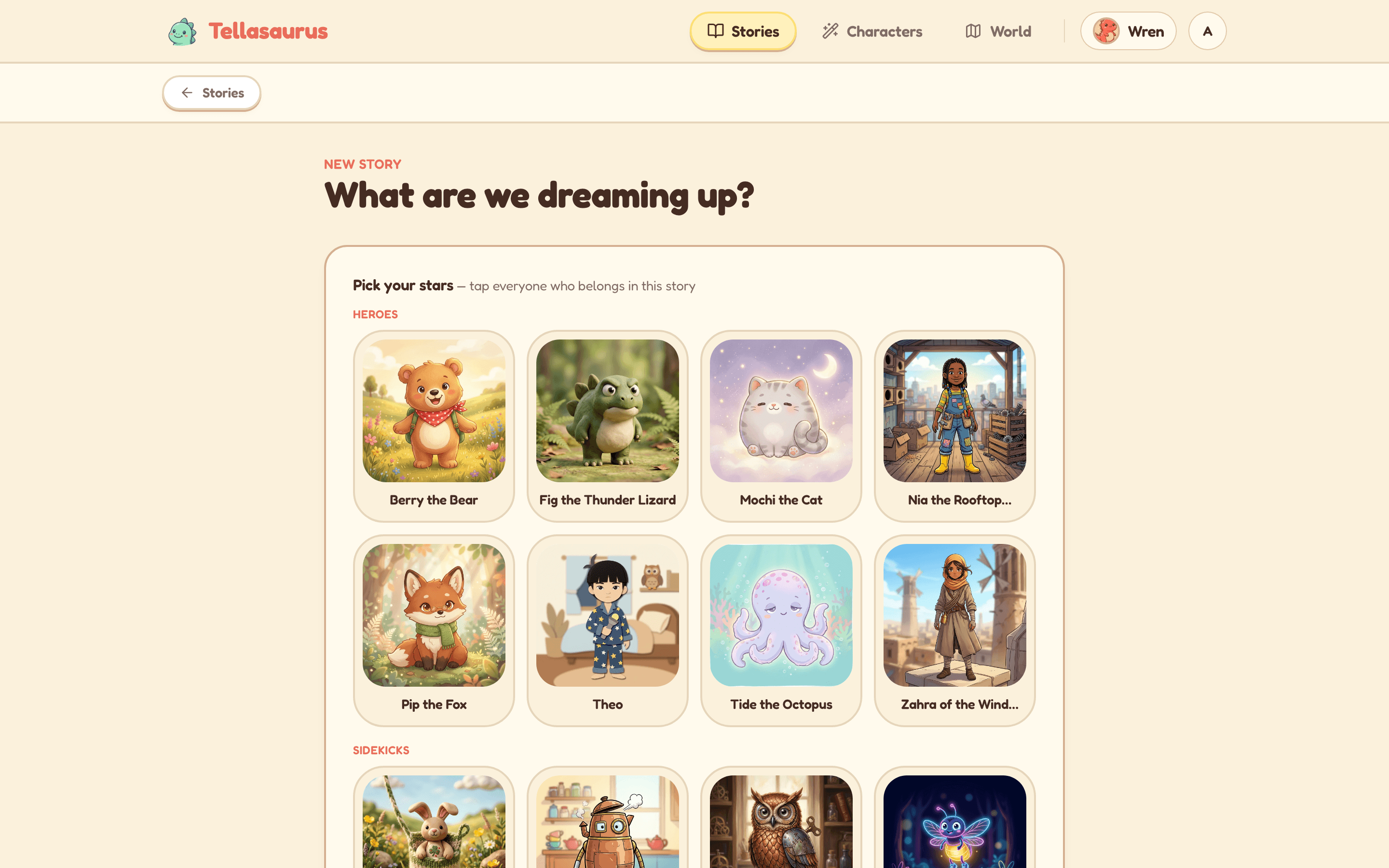 Setting up a new story: pick characters, a reading level, and an art style